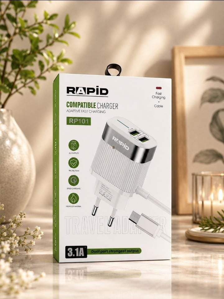 RAPID RP101 Fast Charger with Cable – 3.1A Dual USB