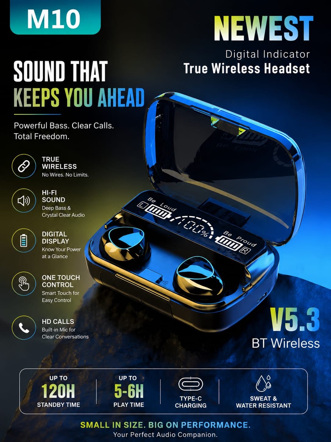 M10 True Wireless Bluetooth Earbuds V5.3 with Digital Display