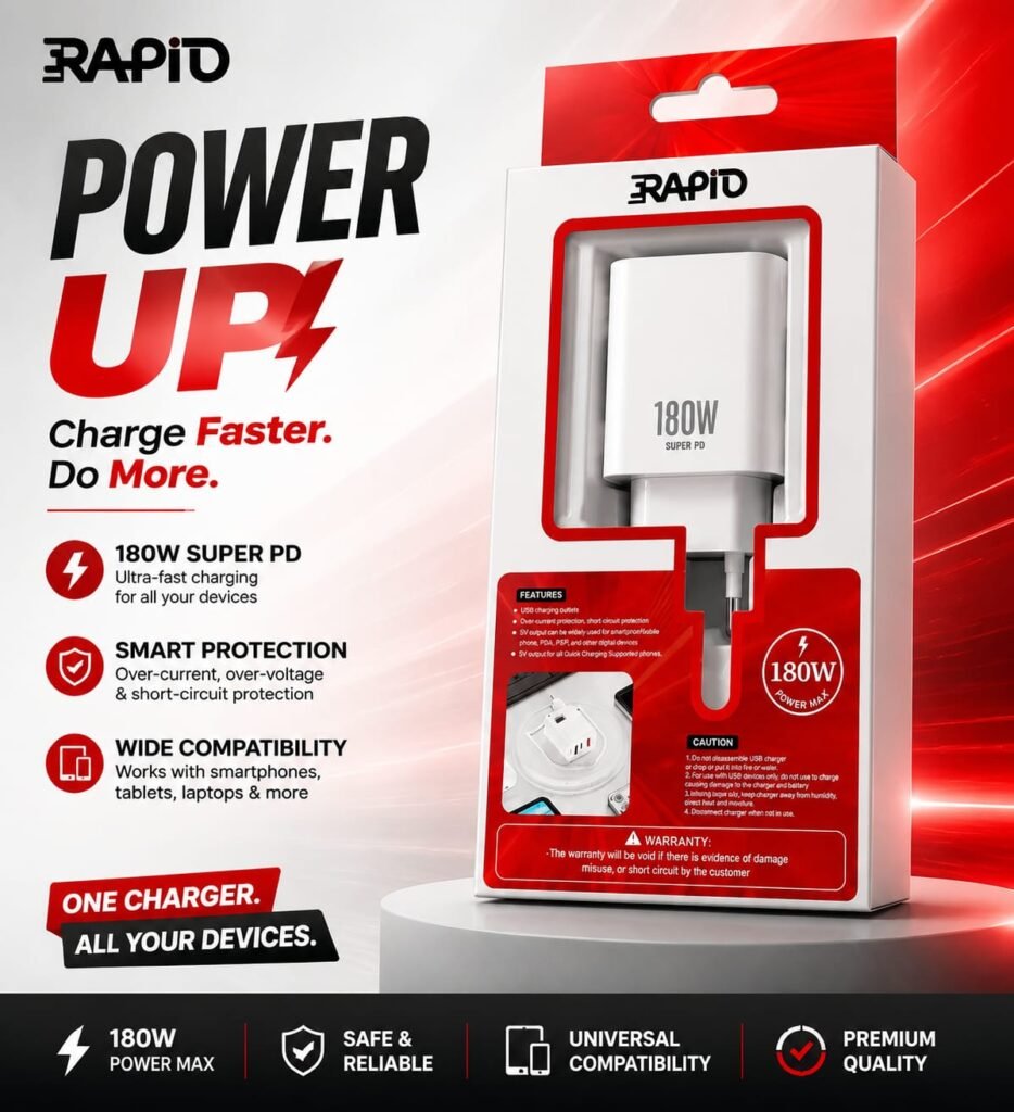 RAPID RP-T107 180W Ultra Fast PD+QC Charger with Charging Cable